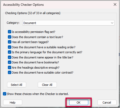 Accessibility Checker Options window with a red box around the OK button