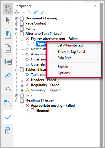 Compliance panel with accessibility issues flagged and a red box around expanded options related to remediating missing alt text
