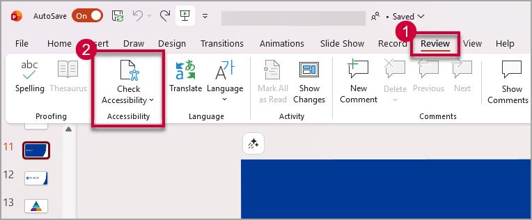 Microsoft PowerPoint with the Review tab and Check Accessibility button surrounded by red boxes and numbers 