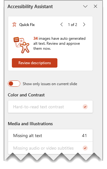 Accessibility Assistant in Microsoft PowerPoint with 41 elements missing alt text