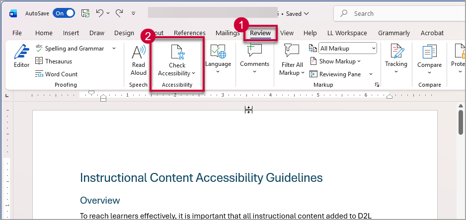 Microsoft Word with red boxes around the review tab and the Check Accessibility button