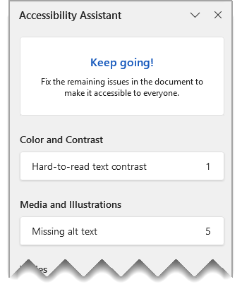 Accessibility Assistant in Microsoft Word, with six issues flagged for remediation