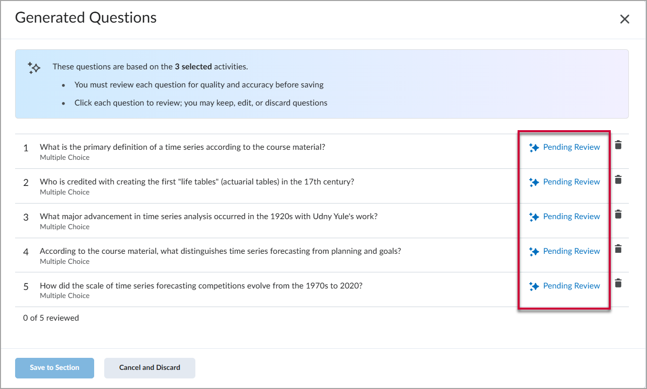 Generated Questions window with five AI-generated multiple choice questions and a red box around the "Pending Review" links to the right of each question. Towards the top of the page, there is a callout box informing the user that they must review each question before saving.