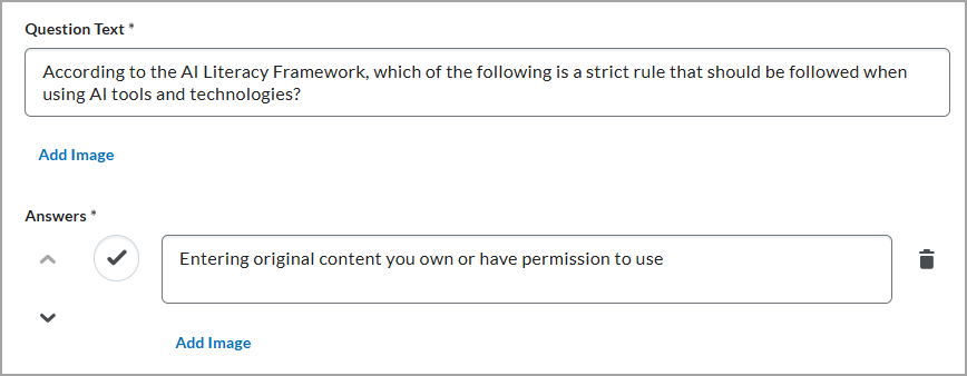 A portion of a multiple choice question in the D2L Brightspace editor, showing "Question Text" and a single answer that is marked as correct. 