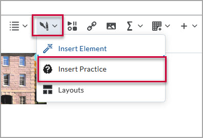 A content editor tool bar showing a variety of icons. There is a red box around the paintbrush and pencil icon, whose associated dropdown menu is expanded out. There is also a red box around the "Insert Practice" option in the dropdown menu.
