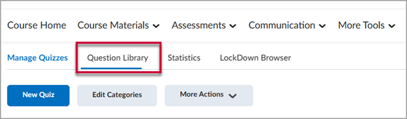 Quizzes tool in D2L Brightspace with a red box around the "Question Library" tab.