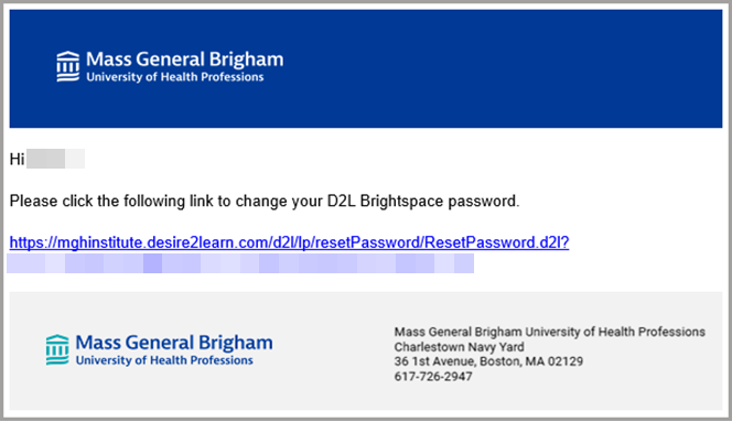 Password reset email sent from the D2L Brightspace system withMass General Brigham University of Health Professions branding. The email addresses the user "test15" and provides a password reset link, which is partially pixelated.