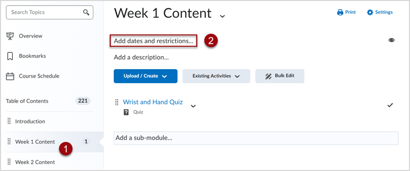 Content tool in D2L Brightspace showing a module called "Week 2". There is a red box around the "Add dates and restrictions" option in the module.